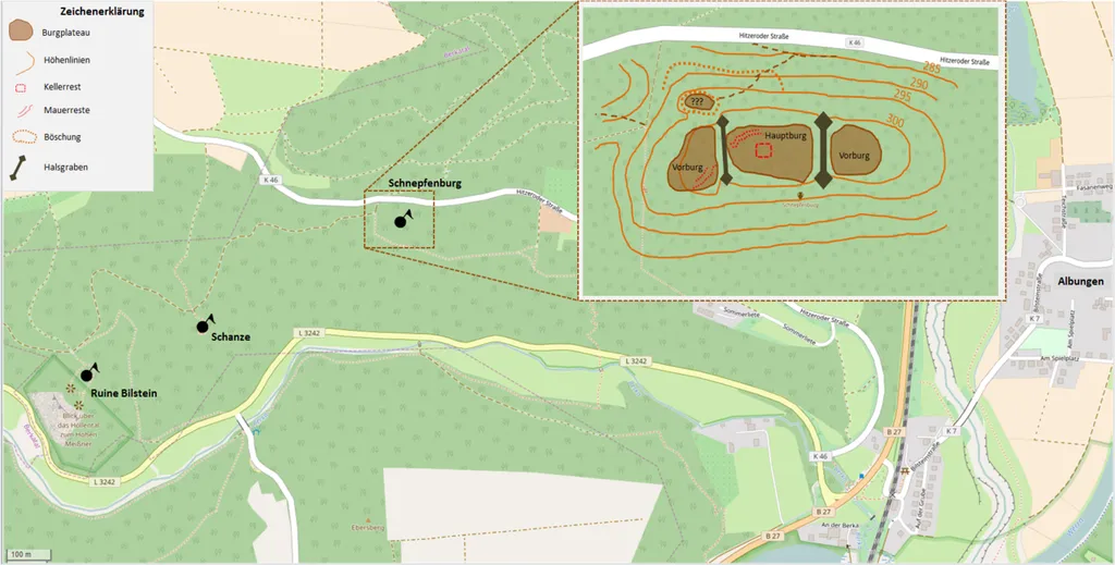 Lage der Schnepfenburg und Funde; Karte zwischen Albungen und der Ruine Bilstein, beide Burgen wohl im Besitz von Zweigen der Grafen von Bilstein. Werra-Meßner Kreis (Hessen). Die Skizze der Schnepfenburg basiert auf einer Zeichnung aus: Karl Kollmann: Die Geschichte des Dorfes Hitzerode, Eschwege 1985