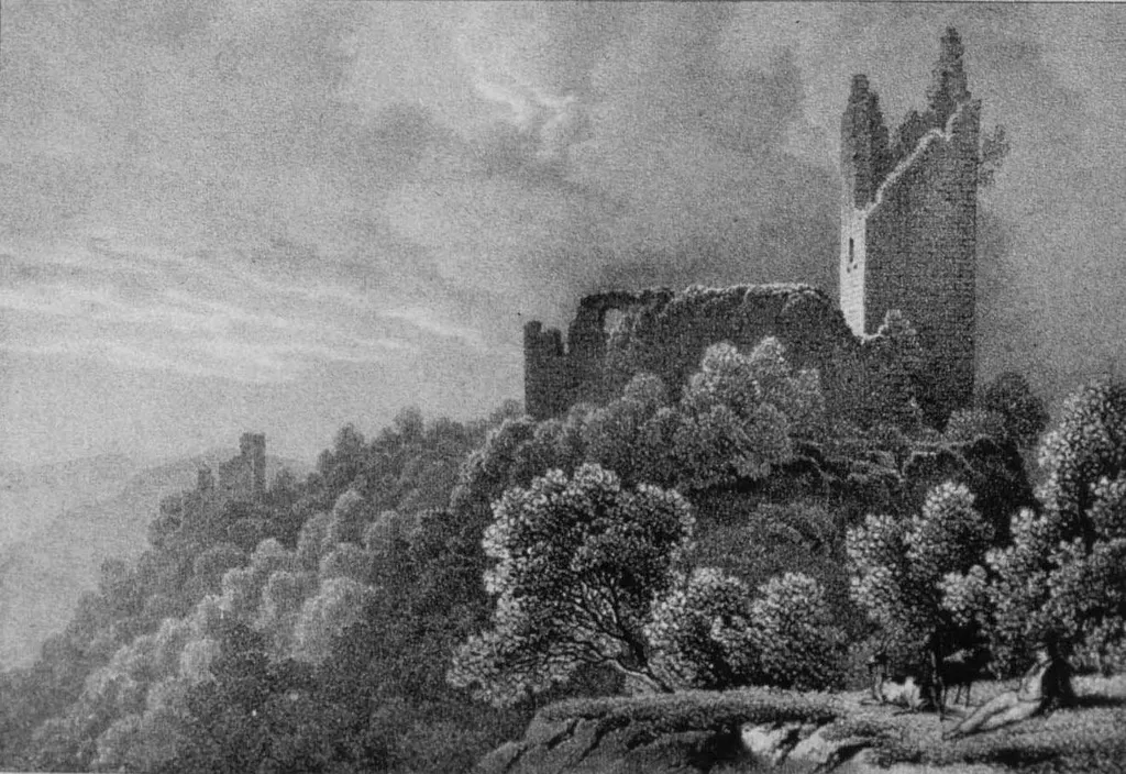 Die Burgruinen Haneck und Schrankenfels auf einer Lithografie von Jacques Rothmüller