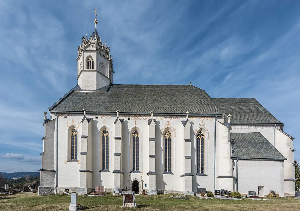 Southern view of the parish and pilgrimage church Our Lady in Waitschach, market town Guttaring, district Sankt Veit, Carinthia, Austria, EU
