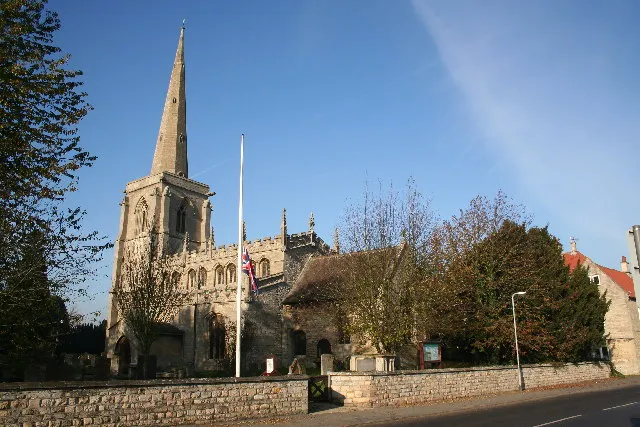St Martin's parish church, Ancaster, Lincolnshire: view from the southeast, showing the 14th-century west tower and spire