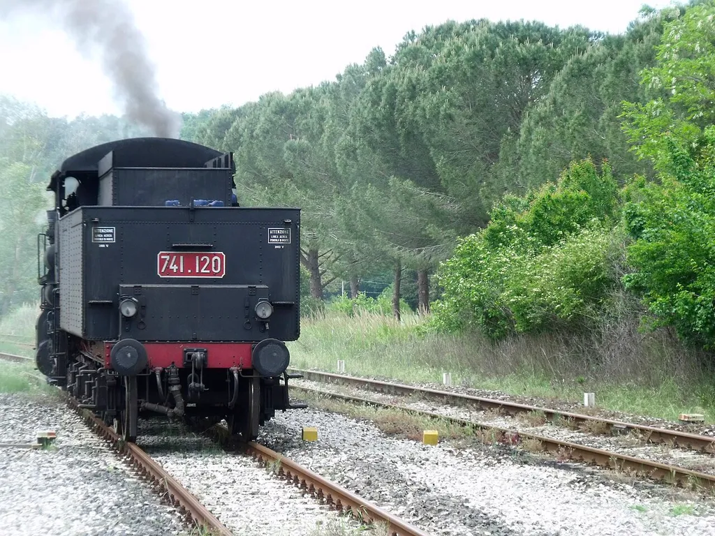 steam train FS Class 741 on the train station Sant'Angelo-Cinigiano, Sant'Angelo Scalo, Montalcino, Province of Siena, Tuscany, Italy