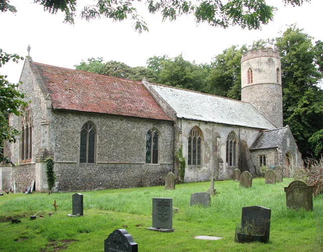 St Mary's church. St Mary's church > 1399018 - 1399029 is located some distance away from the busy Quidenham Road, adjoined by a woodland where once the village of Eccles stood. The church has a round tower which dates from Norman times and an early English chancel. A 14th century south aisle has been demolished at some time with the top parts of the arcades > 1399032 filled by frosted glass windows. The north porch, now blocked off, has an attractive outer arch supported by round pillars > 1399025. There is a double piscina in the chancel and the altar consists of a simple but very large original C15 mensa slab > 1399030 with 5 consecration crosses carved into it. The pulpit is Jacobean > 1399036 and the octagonal font > 1399038 dates from the 14th century.
