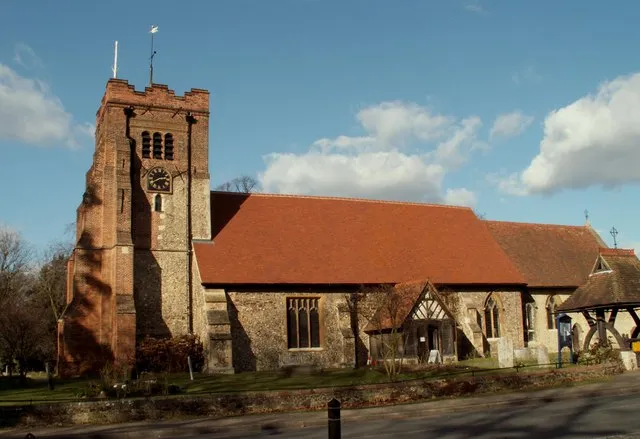 All Saints' parish church, Springfield, Essex, seen from the south. The west tower was built of stone in the 14th century, but partially rebuilt in brick in 1586.