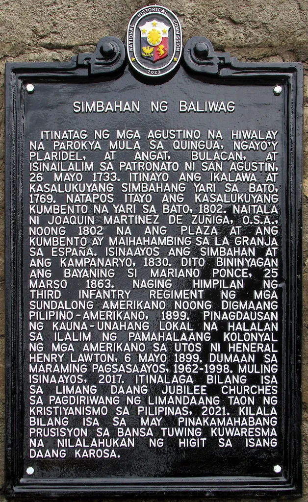 Historical marker created by the National Historical Commission of the Philippines in 2023 to commemorate Baliwag Church