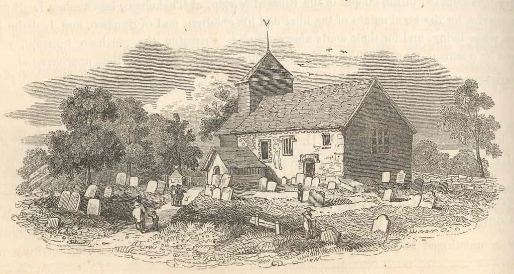 Engraving of St Nicholas' parish church, Itchingfield, West Sussex, England, seen from the southeast. The engraving shows how the church looked before it was "restored" under the direction of Sir George Gilbert Scott in 1866.