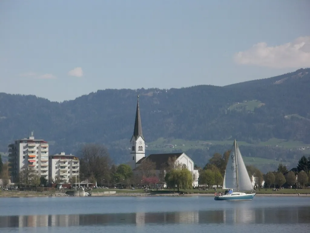 Parish Church of St. Sebastian in Hard, Vorarlberg, Austria. View from the "Green Dam".