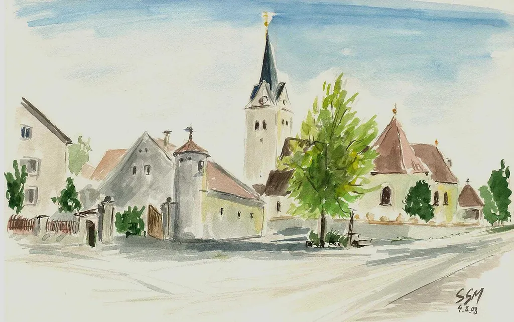 Tauberfeld im Landkreis Eichstätt, Dorfmitte mit Kirche. Aquarell von Siegfried Schieweck-Mauk, Eichstätt, Werk-Verz. 999