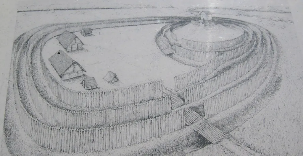 Burg Halstenbeck. So etwa könnte die Burg im 14. Jahrhundert ausgesehen haben. Eine Rekonstruktionszeichnung in Verbindung mit der Geophysik anderer Burgen. Zeichnung des Westfälischen Museums für Archäologie Münster, C. Worringer.