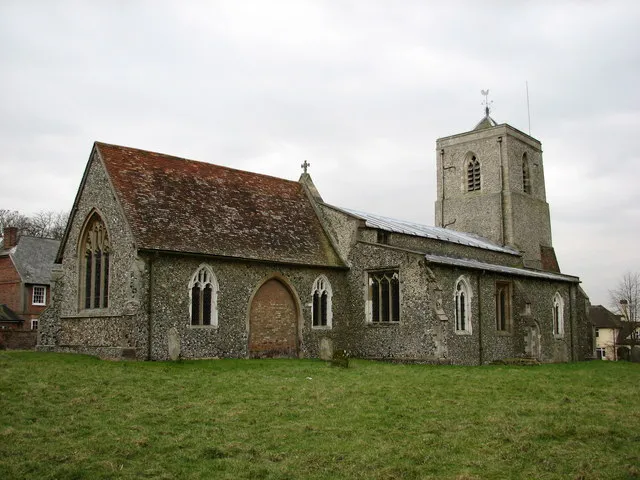 All Saints Church - Sandon, Hertfordshire. This church dates back to the 14th century but was partially restored in 1875. The tower is propped up with unusual brick buttresses.