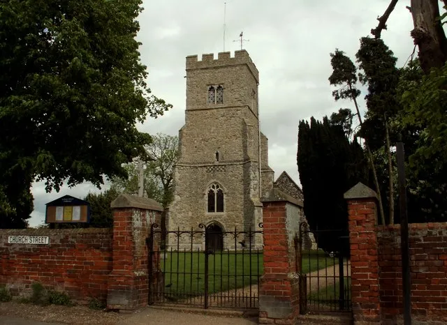 St. Peter's church, Goldhanger, Essex. The north side of the church is Norman, 11th century, and the south side is 14th century when the aisle was added. There is evidence of much re-used Roman brick. The tower was added in the 15th century.