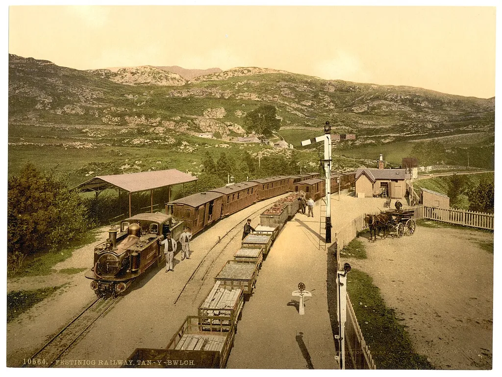 Two trains of the Ffestiniog Railway at Tan y Bwlch Station