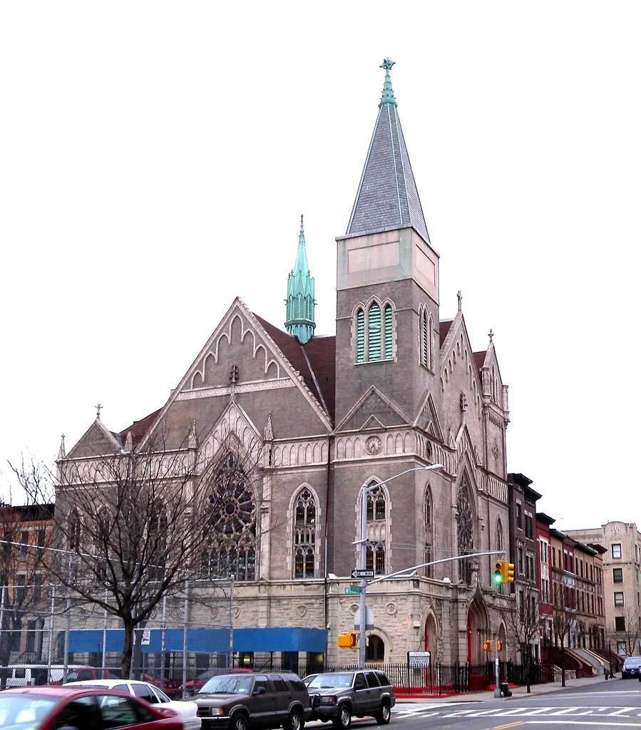 Looking south across Edgecombe Avenue and 140th Street at Mt Calvary Methodist Church on a cloudy afternoon.