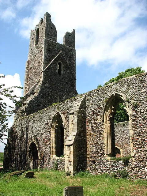 The church of St Peter &amp; St Paul - the ruined tower See also > 820655 In Roman times the River Bure flowed into a large estuary extending from Acle to present-day Great Yarmouth; Faden's 1797 map of Norfolk shows the then coastal villages of Tunstall, Halvergate and Wickhampton on a spur of higher ground that was surrounded by Moulton Bog (west), Acle Wet Common (north) and the Halvergate Marshes (east). According to old records the church had fallen into disrepair by 1704; the chancel arch was bricked up in 1705 and a plaque above the doorway into the chancel informs that it was rebuilt by Mrs Elizabeth Jenkinson > https://www.geograph.org.uk/photo/820711. More repairs were carried out in 1853. In 1980 the church was declared redundant and a Trust was formed to help repair and maintain what remains of the church: the chancel is still intact and visitors are welcome. For more information see: http://www.norfolkchurches.co.uk/tunstall/tunstall.htm