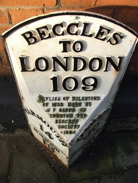 Replica Milepost A replica milepost on the A.145 at Beccles Suffolk.For more info on the stone see http://www.milestonesweb.com/sites/tm420905.htm do have a look at their home page.