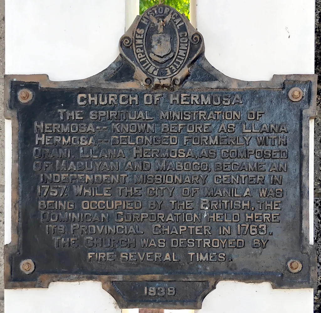 Historical marker created by the Philippines Historical Committee in 1939 to commemorate Hermosa Church