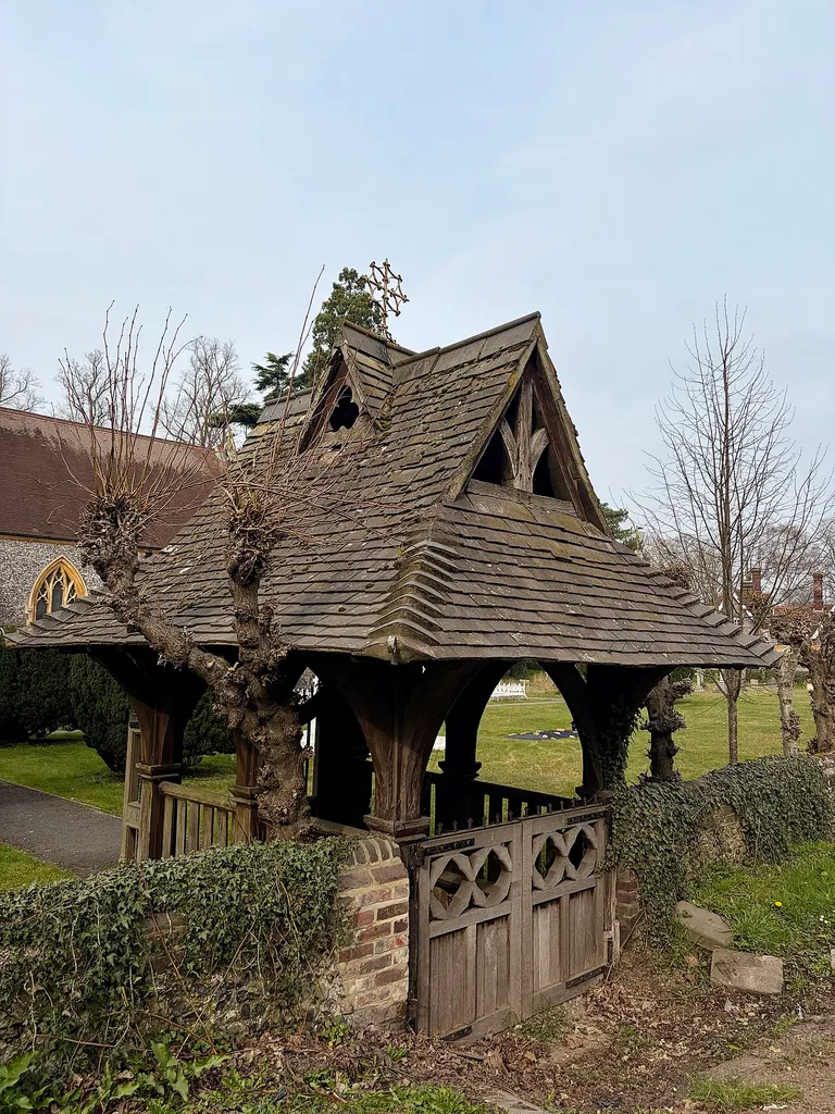Lychgate at St Paul's Church, Langleybury, March 2026. Built 1863-65 by Henry Woodyer. This is a photo of listed building number 1173180.