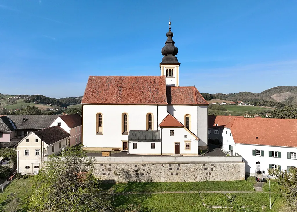 South view of the parish church of Trautmannsdorf in der Oststeiermark.