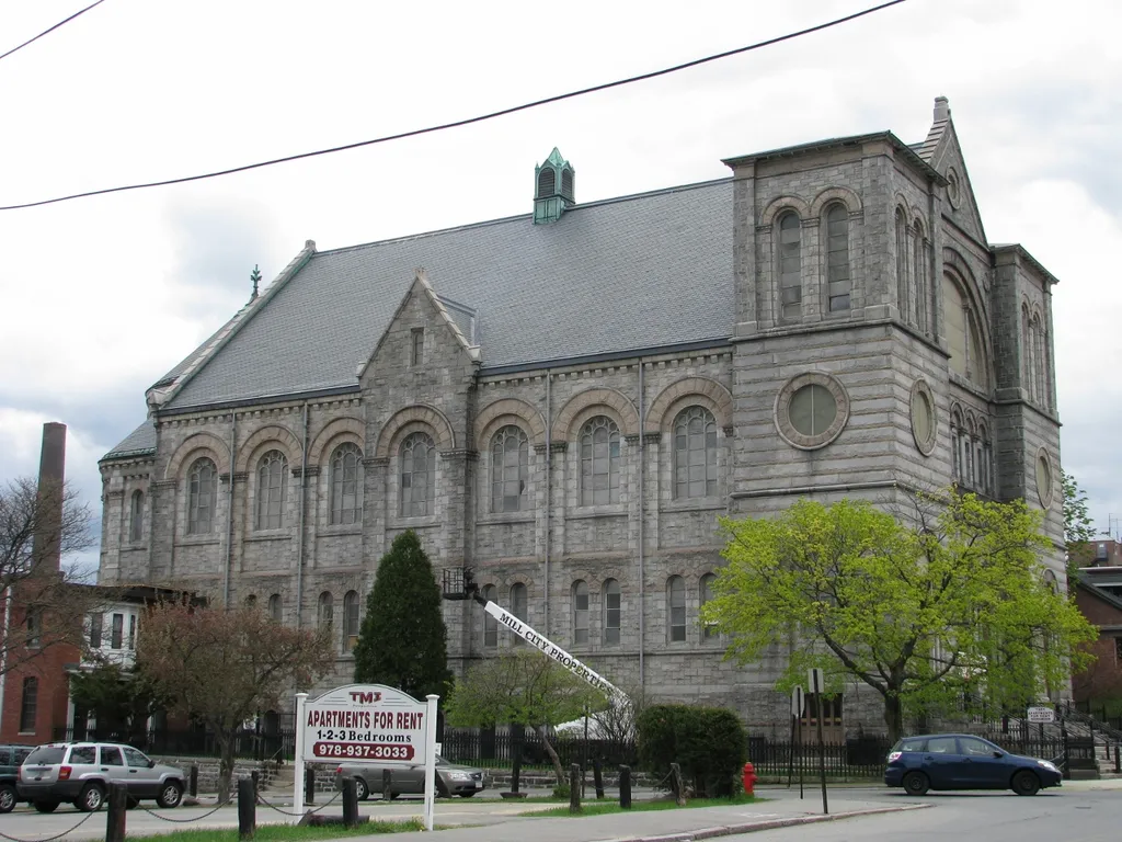 This church is in downtown Lowell, Massachusetts, and is where the beat poet Jack Kerouac served Catholic Mass as an altar boy when he lived in Lowell. At that time the congregation was Franco-American. Later, it became Latin American and the church was renamed Nuestra Señora de Monte Carmelo. The building is not a church now, but used to be called the "cathedral of Lowell" and is really beautiful and beloved. Kerouac's childhood house is not far away from the church, and he wrote that when a highway was put through his beloved neighborhood he was heartbroken.