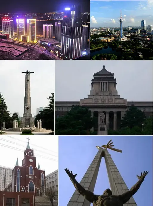 Montage of Changchun, Clockwise from top: panoramic view from Shengtai Plaza, panoramic view of Ji Tower, Former Manchukuo State Department, Statue on cultural square, Changchun Christian church, Soviet martyr monument.