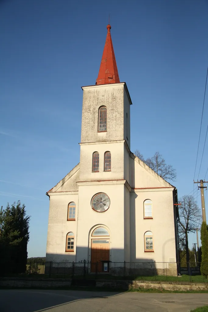 Overview of Evangelical church in Zahrádky, Jindřichův Hradec District.
