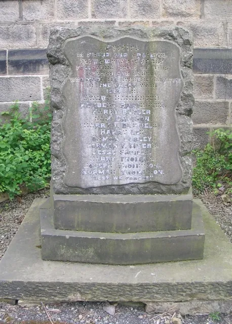 War Memorial - Farsley Community Church - Back Lane The names on the First World War Memorial are: Ewart Bannister, Herbert Bannister, Henry Butler, Sam Dawson, Harry F Duffield, Harry Lee, Norman Lobley, Herman F Myers, Jesse Saville, Harry Thomas, Joseph Thompson and Norman Thompson - all boys of the Methodist Church and School.