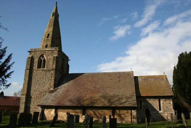 St John of Beverley's parish church, Scarrington, Nottinghamshire, seen from the south. The tower is early 14th-century; the nave and chancel were rebuilt under the direction of JH Hakewill in 1867–69.