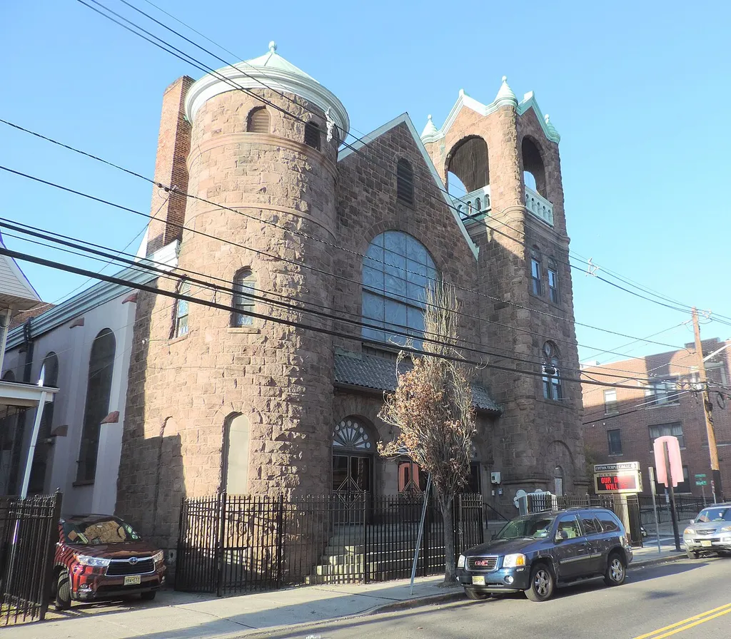 Looking north across Bergen Avenue at church on a sunny afternoon