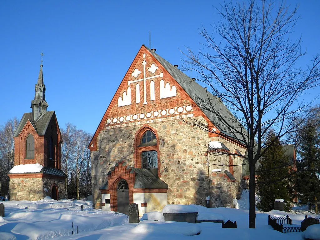 Saint Lawrence Church in Vantaa, Finland, in winter. The church was established in 1450's. The parish has been the centre of Helsinge (the name of old Vantaa) at least from the 1300's.