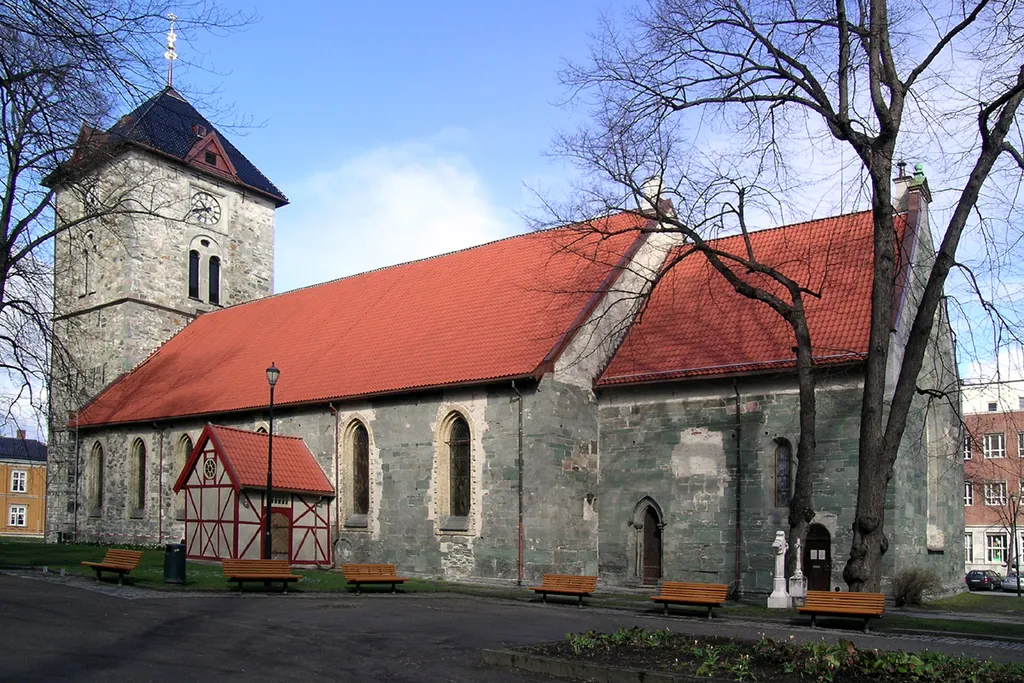 Vår Frue Kirke (Our Lady Church), Trondheim, Norway. Built mid-12th C. Rebuilt and expanded in the 1690s; again in 1742. Seen from SE.