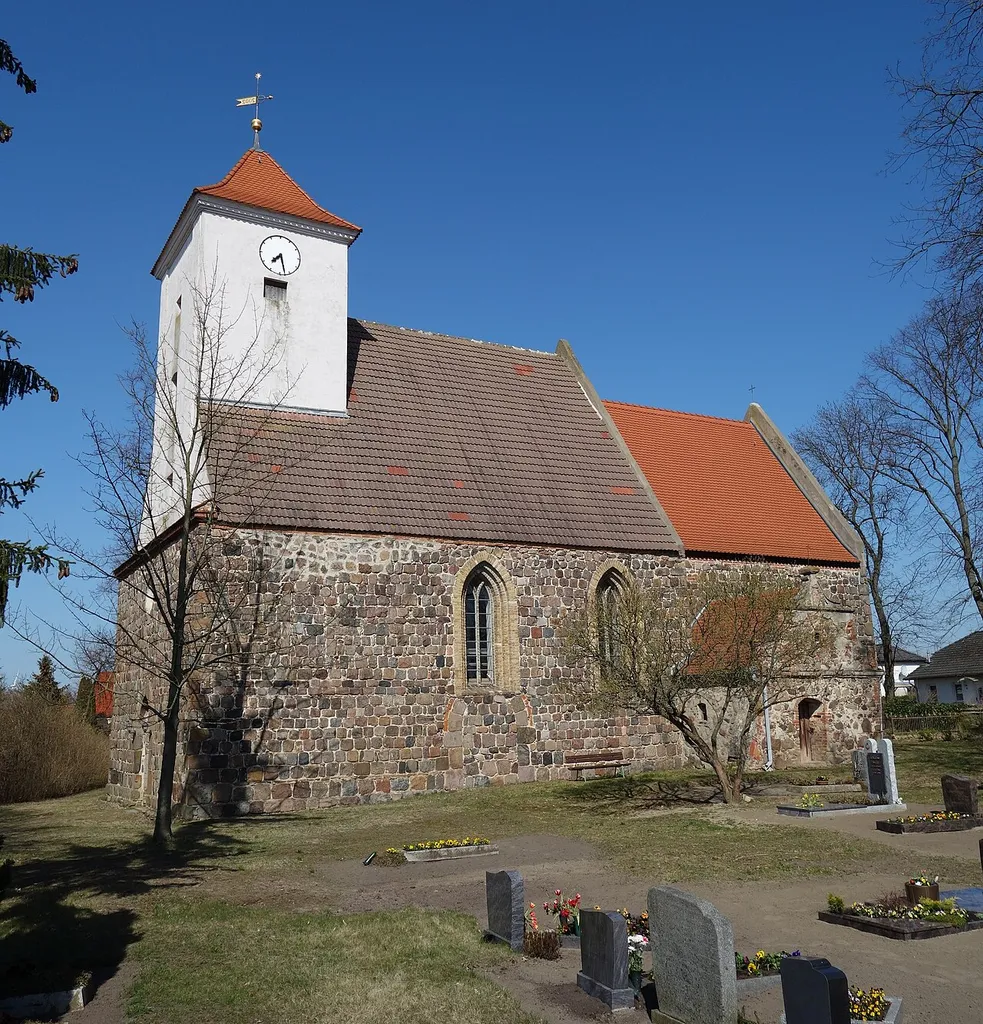 South-south-western view of the church in Neukünkendorf , Angermünde municipality , Uckermark district, Brandenburg state, Germany