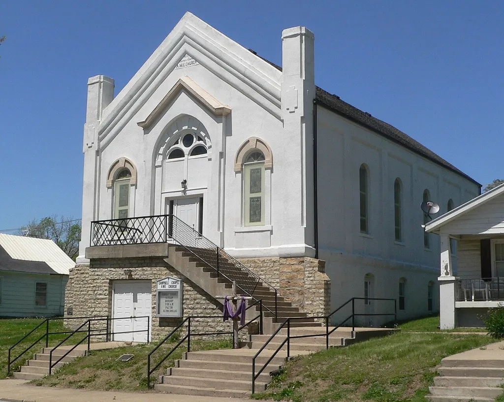 Campbell Chapel AME Church, at 715 Atchison Street in Atchison, Kansas; seen from the southeast.