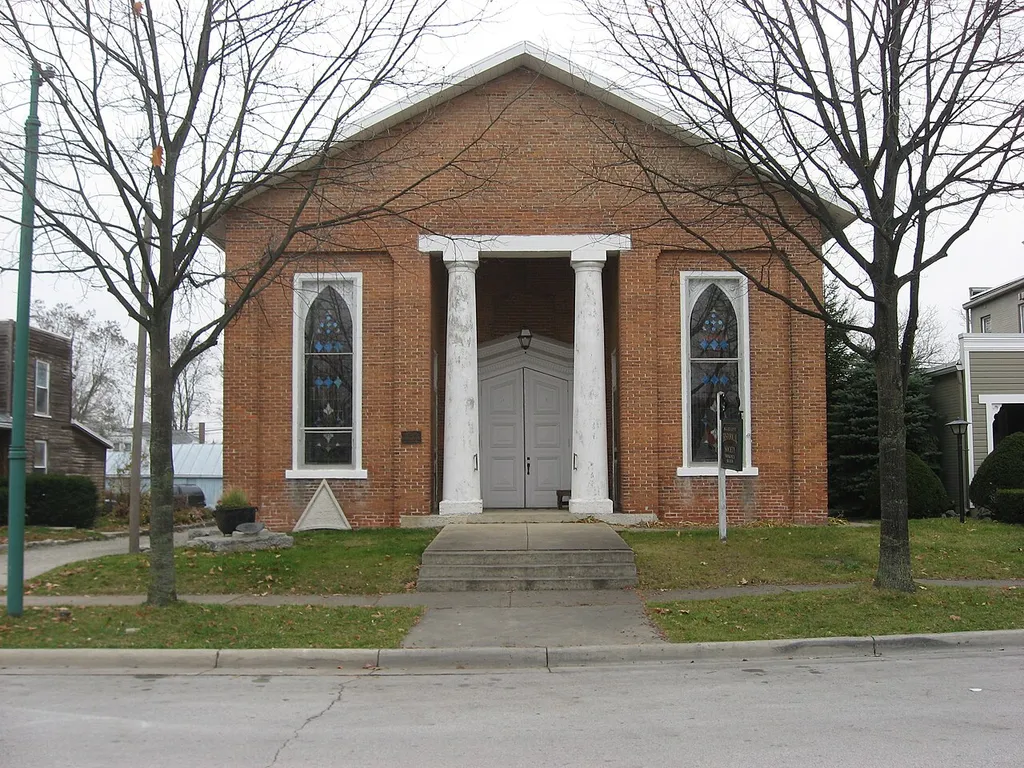Front of the former First Presbyterian Church of Wapakoneta, located at 106 West Main Street in Wapakoneta, Ohio, United States. Built in 1861 and since closed, it is now the home of the Auglaize County Historical Society. It is listed on the National Register of Historic Places.