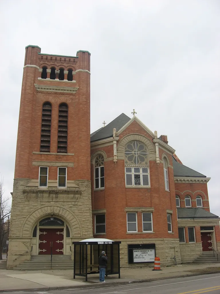 Front of the former Ashland Avenue Baptist Church (now Ebenezer Missionary Baptist Church), located on the northwestern corner of the junction of Ashland and Woodruff Avenues in Toledo, Ohio, United States. Built in 1895, it is listed on the National Register of Historic Places.