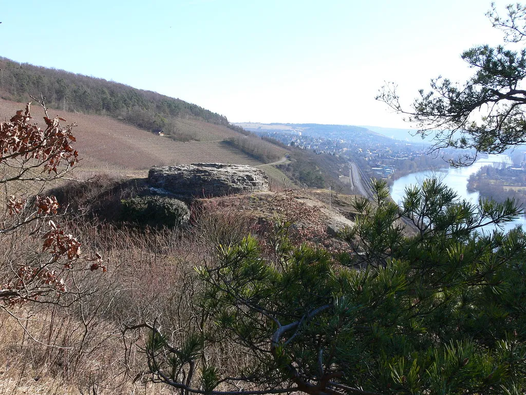 Ruine Ravensburg bei Thuengersheim, Blick von Vorburg nach Sueden ueber Halsgraben und Bergfried ins Maintal