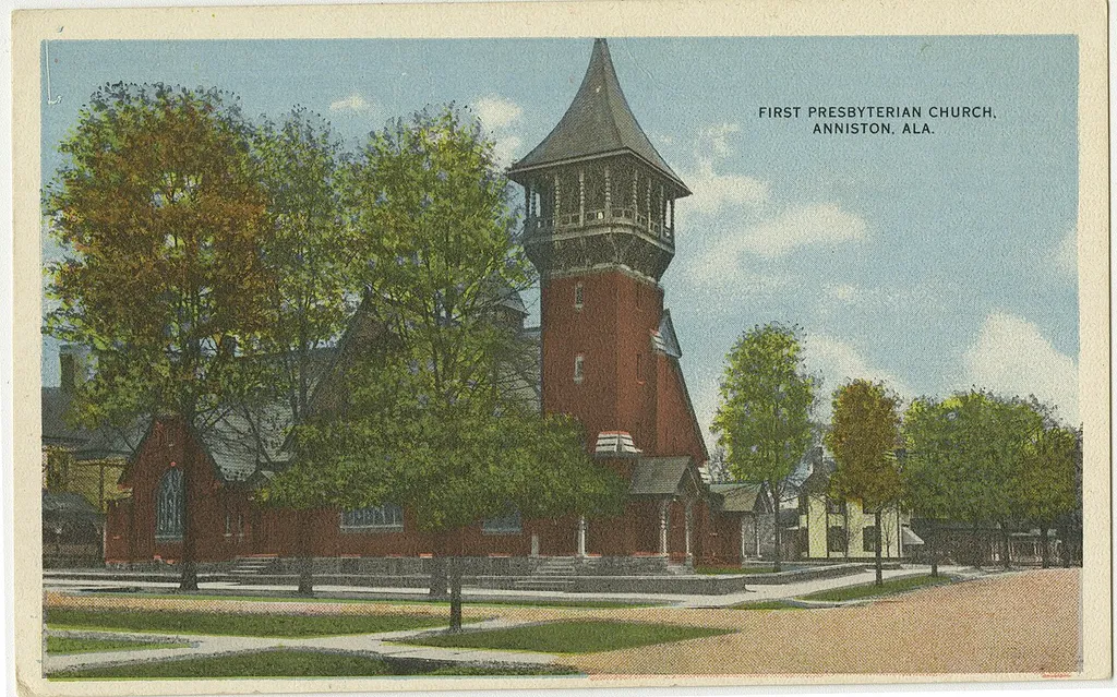 First Presbyterian Church in Anniston, Alabama from a pre-1923 postcard From RG 428, Postcard Collection, Presbyterian Historical Society, Philadelphia, Pennsylvania.