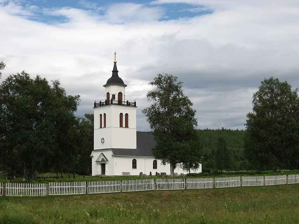 Överhogdals church built 1740 AC. The church is known as the provenance of the famous Överhogdalstapeten, a wallpaper from 1000-1100 AC