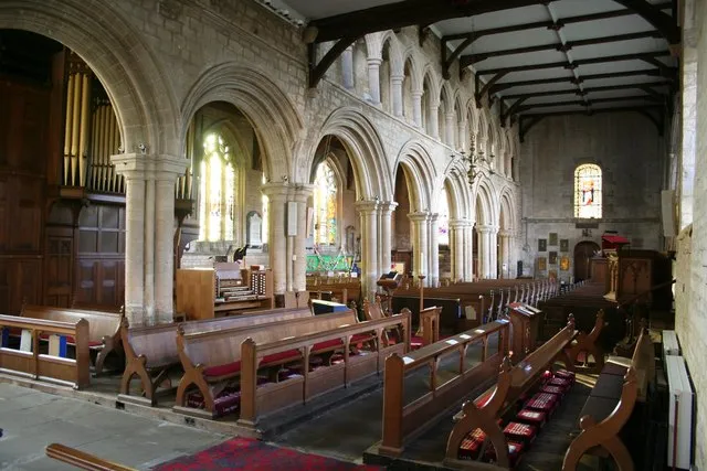 Priory church nave Glorious 7-bay late 12th century Norman arcade and 13-bay 13th century Early English triforium in the Priory church of Deeping St.James nave