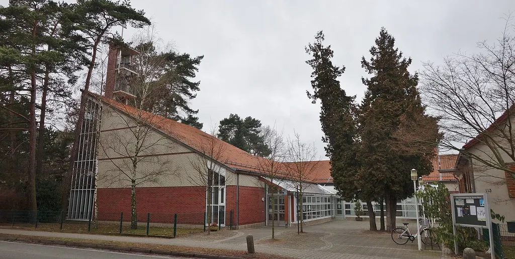 South-eastern view of the Roman Catholic church "St.-Thomas-Morus" in Kleinmachnow , Kleinmachnow municipality , Potsdam-Mittelmark district, Brandenburg state, Germany.
