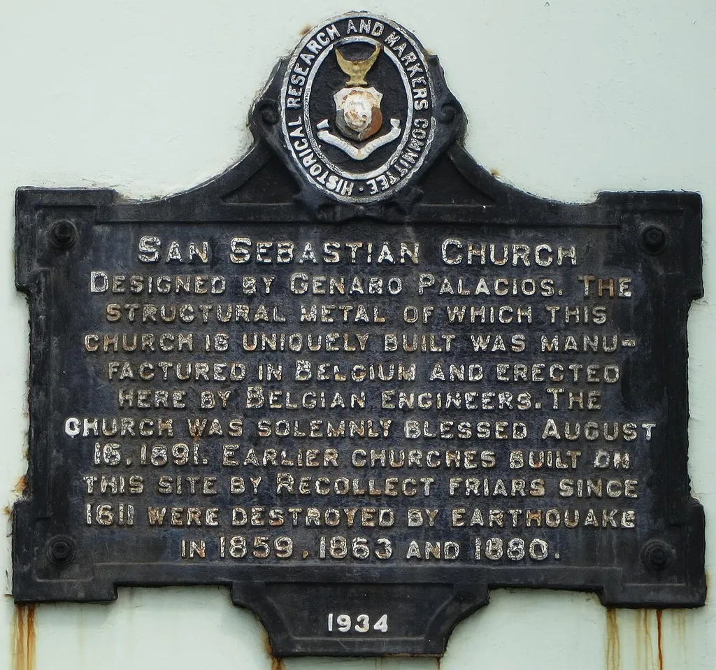 Historical marker commemorating the San Sebastian Church installed in 1934 by the National Historical Commission of the Philippines (then the Historical Research and Markers Committee) in Quiapo, Manila.