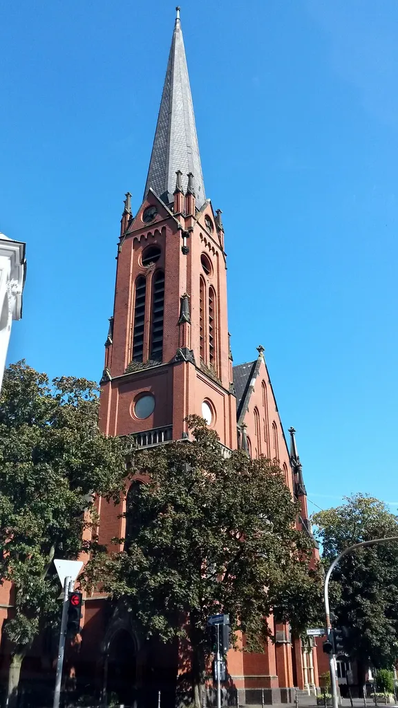 Protestant church "Christuskirche" in Bocholt (Germany). The belltower an a part of the nave are seen.