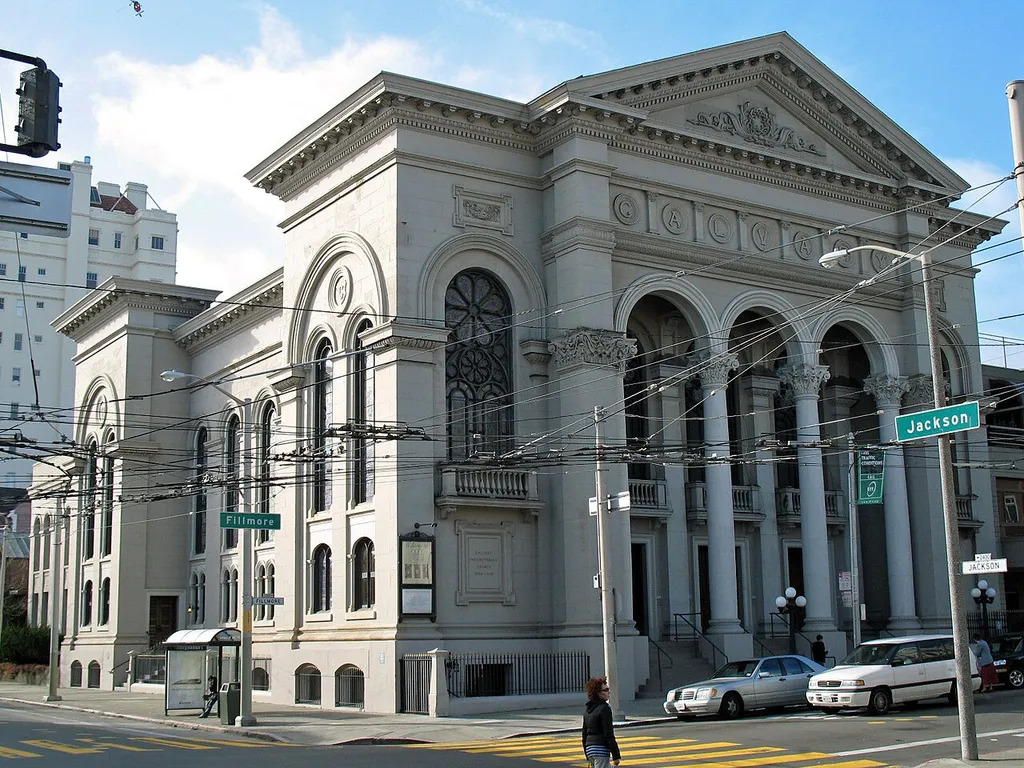 Facade of the Calvary Presbyterian Church — located on the corner of Jackson Street and Fillmore Street, San Francisco, California. On the National Register of Historic Places in San Francisco. Credits Photographed 2008-02-17 by Mike Hofmann at street level from southeast corner of Washington and Fillmore Sts. Camera location37° 47′ 29.76″ N, 122° 26′ 03.12″ W View this and other nearby images on: OpenStreetMap 37.791600; -122.434200
