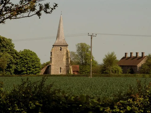 View across a field at Great Henny, Essex, to the west tower and spire of St Mary's parish church