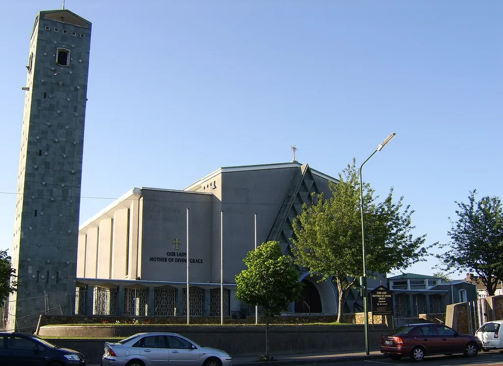 The Church of Our Lady Mother of Divine Grace, Howth Road, Raheny, serving the Parish of Raheny (not the only RC parish working in the Raheny area), built 1959-1964, to replace (New) St Assam's Church across the road, on a sloping field site, which once held the Holy Well of St Assam.