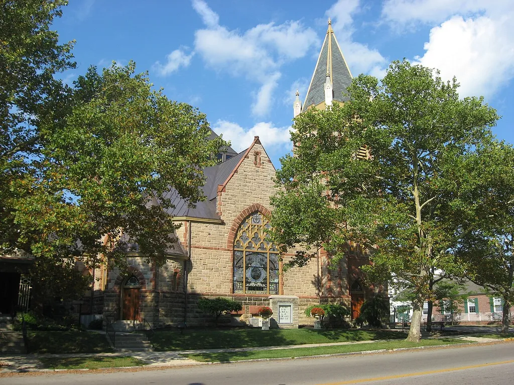 Front of the First United Methodist Church, located at 52 N. Main Street (State Route 56) in downtown London, Ohio, United States, across the street from the Madison County Courthouse. Built in 1894, it is listed on the National Register of Historic Places.