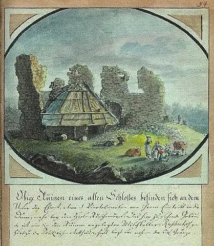 Scan from Johann Christoph Brotze's book Sammlung verschiedner Liefländischer Monumente. Obige Ruinen eines alten Schloßes befinden sich an dem Ufer der Ehwst, etwa 5 Viertelmeilen von ihrem Eintritt in die Düna, nahe bey dem Hofe Ruschendorf [K. G. Graß; die Ansicht].