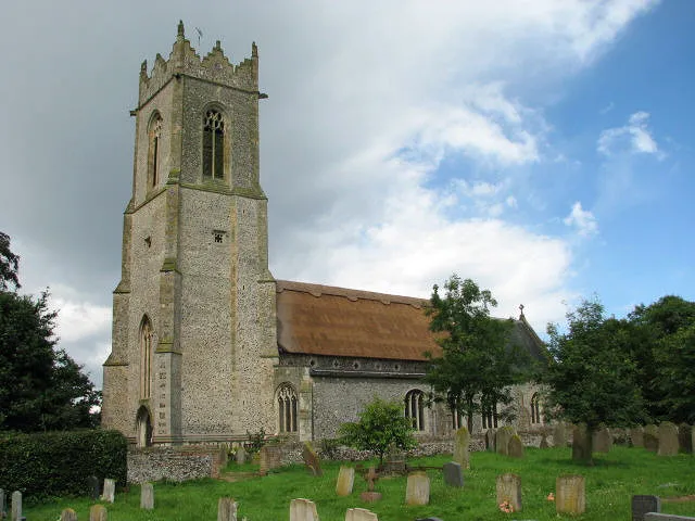 The church of All Saints. All Saints church > 915239 - 915258 is a large building dating mainly from the 13th and 14th centuries, with extensive restoration work carried out in the 19th century. The pulpit, however, is early C16 and the 15th century rood screen dado > 915242 - 915248 - 915250 is original and one of the best in the area; its eight panels depict saints. The font bowl > 915260 is Purbeck marble and dates from the 13th century; it was recut, and reset onto a 19th century base. All stained glass dates from the 19th century also, with a number of panels in the north aisle windows > 915256 being of particular interest in that they are believed to have been made in Paris, around 1850. Some of the benches have carved poppyheads. The church is kept locked. See also: http://www.norfolkchurches.co.uk/filby/filby.htm