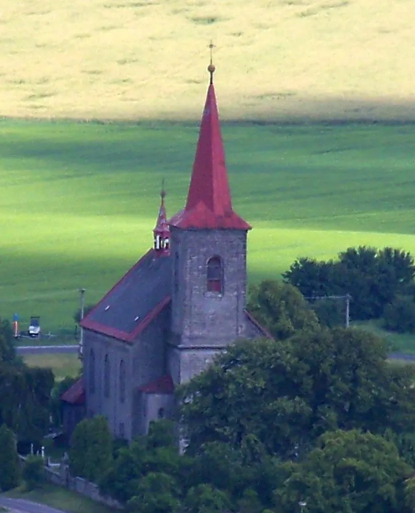 Views from Trosky Castle (Troskovice, Liberec Region, the Czech Republic) to the South-Ost to the church in Újezd pod Troskami, Hradec Králové Region.