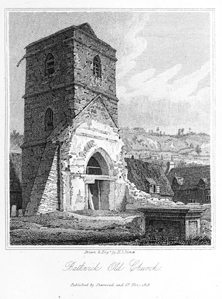 St Mary's Church, Bathwick, England pictured in an engraving by H. S. Storer from Pierce Egan's Walks through Bath (1819).