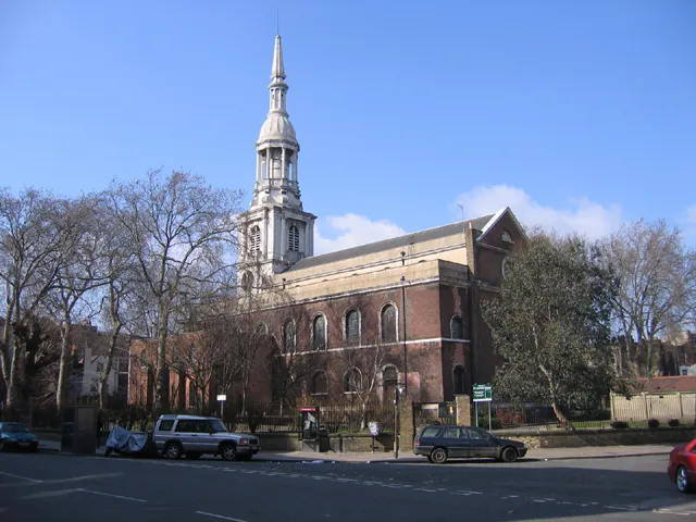 St Leonard's church, Shoreditch High Street. view NW from Calvert Avenue. This fine church, which is Shoreditch Parish Church, dates from 1740 (the present building) and is home of the bells referred to in the well-known children's song 'Oranges and Lemons': 'When I grow rich, said the bells of Shoreditch'