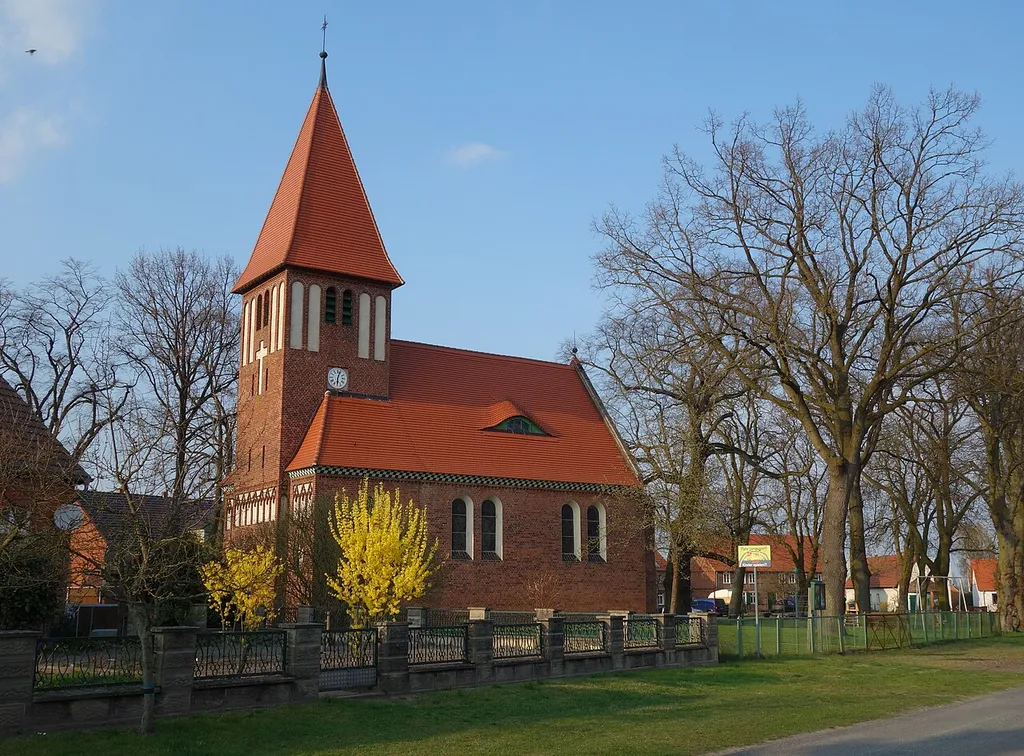 South-western view of the church in Damelack, Breddin municipality, Ostprignitz-Ruppin district, Brandenburg state, Germany.